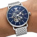 Emporio Armani Aviator AR60024 43mm Men's Automatic Watch – Blue Skeleton & Silver Stainless Steel Mesh Bracelet