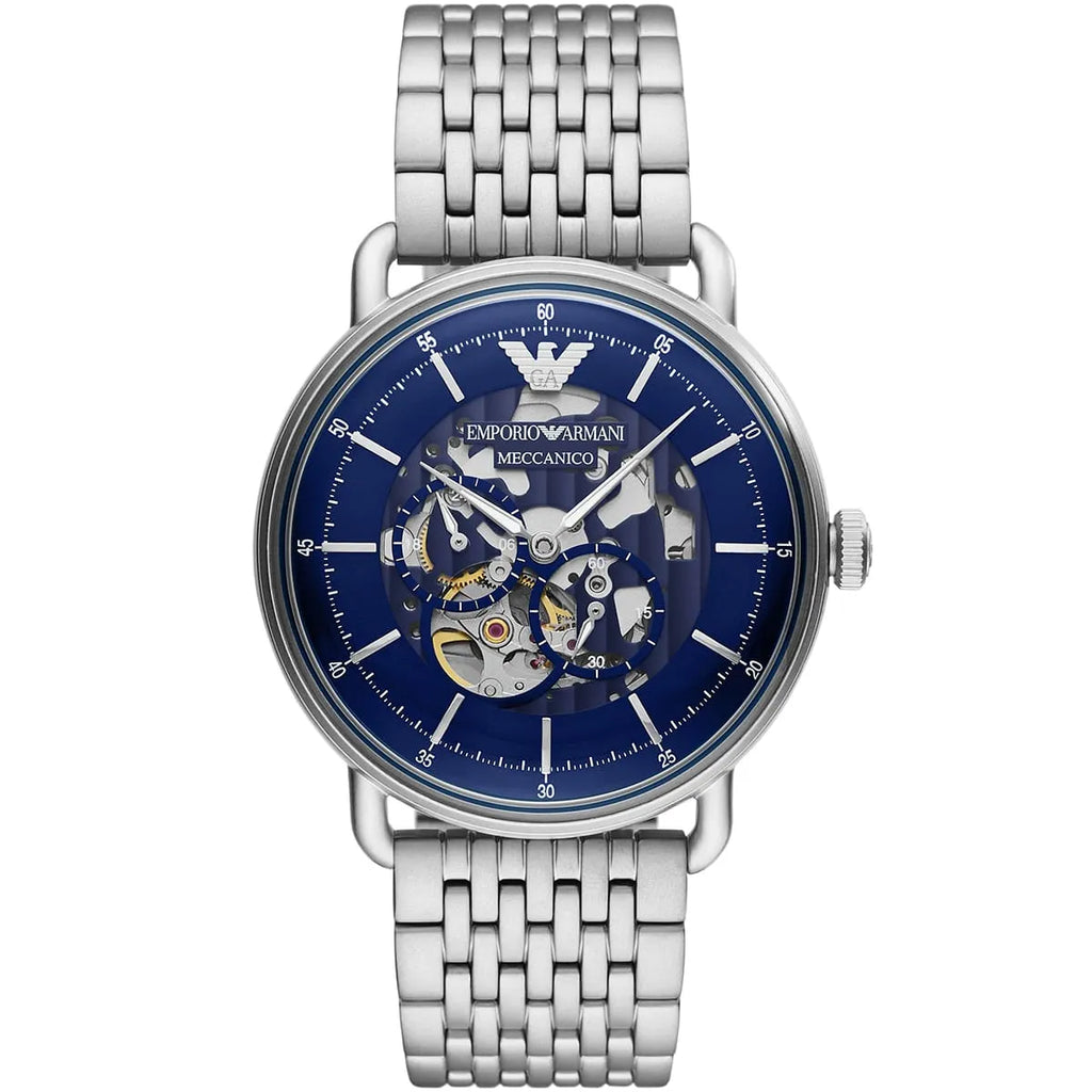 Emporio Armani Aviator AR60024 43mm Men's Automatic Watch – Blue Skeleton & Silver Stainless Steel Mesh Bracelet