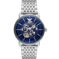 Emporio Armani Aviator AR60024 43mm Men's Automatic Watch – Blue Skeleton & Silver Stainless Steel Mesh Bracelet