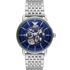 Emporio Armani Aviator AR60024 43mm Men's Automatic Watch – Blue Skeleton & Silver Stainless Steel Mesh Bracelet