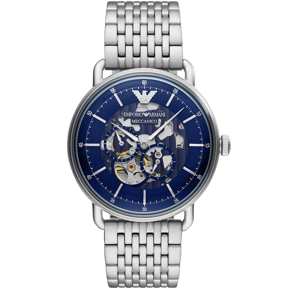 Emporio Armani Aviator AR60024 43mm Men's Automatic Watch – Blue Skeleton & Silver Stainless Steel Mesh Bracelet