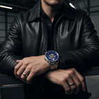Emporio Armani Aviator AR60024 43mm Men's Automatic Watch – Blue Skeleton & Silver Stainless Steel Mesh Bracelet