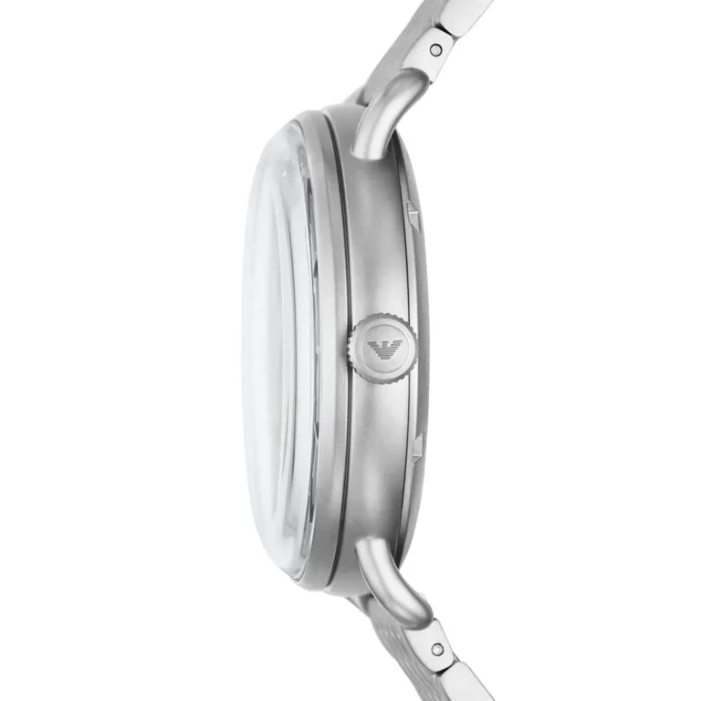 Emporio Armani Aviator AR60024 43mm Men's Automatic Watch – Blue Skeleton & Silver Stainless Steel Mesh Bracelet