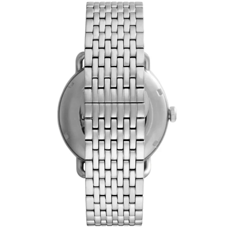 Emporio Armani Aviator AR60024 43mm Men's Automatic Watch – Blue Skeleton & Silver Stainless Steel Mesh Bracelet