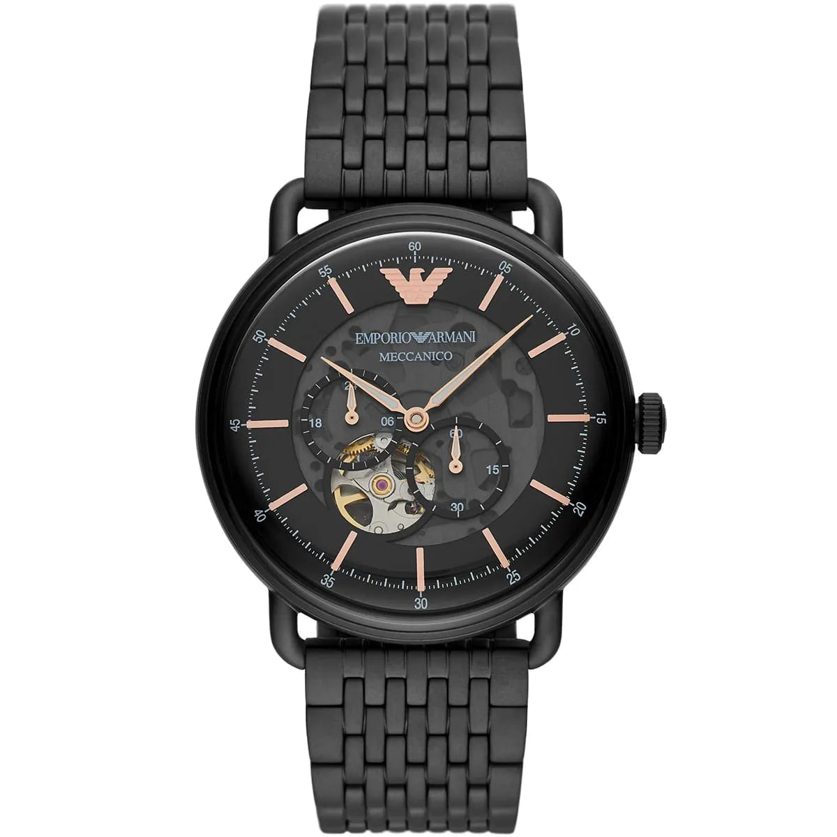 Emporio Armani Aviator AR60025 43mm Men's Automatic Watch – Black Open-Heart & Rose Gold Stainless Steel Mesh Bracelet