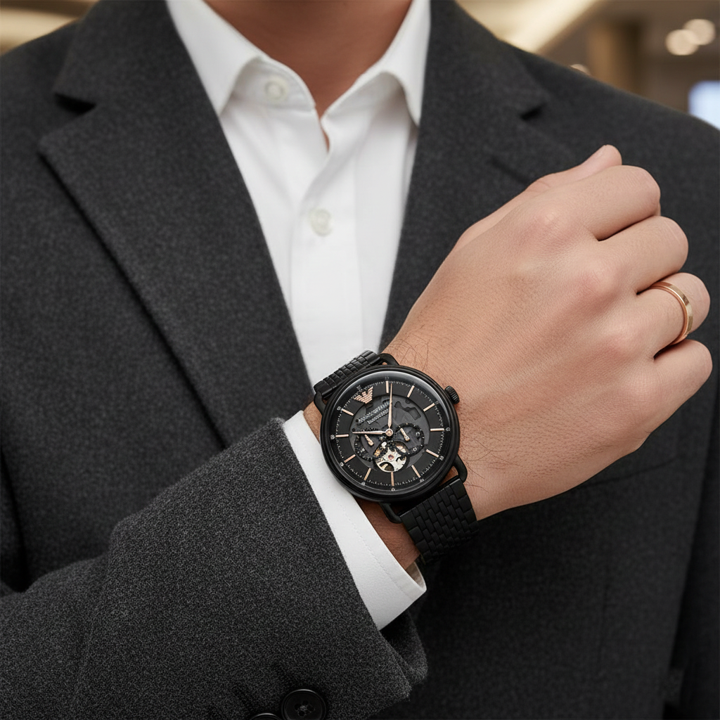 Emporio Armani Aviator AR60025 43mm Men's Automatic Watch – Black Open-Heart & Rose Gold Stainless Steel Mesh Bracelet