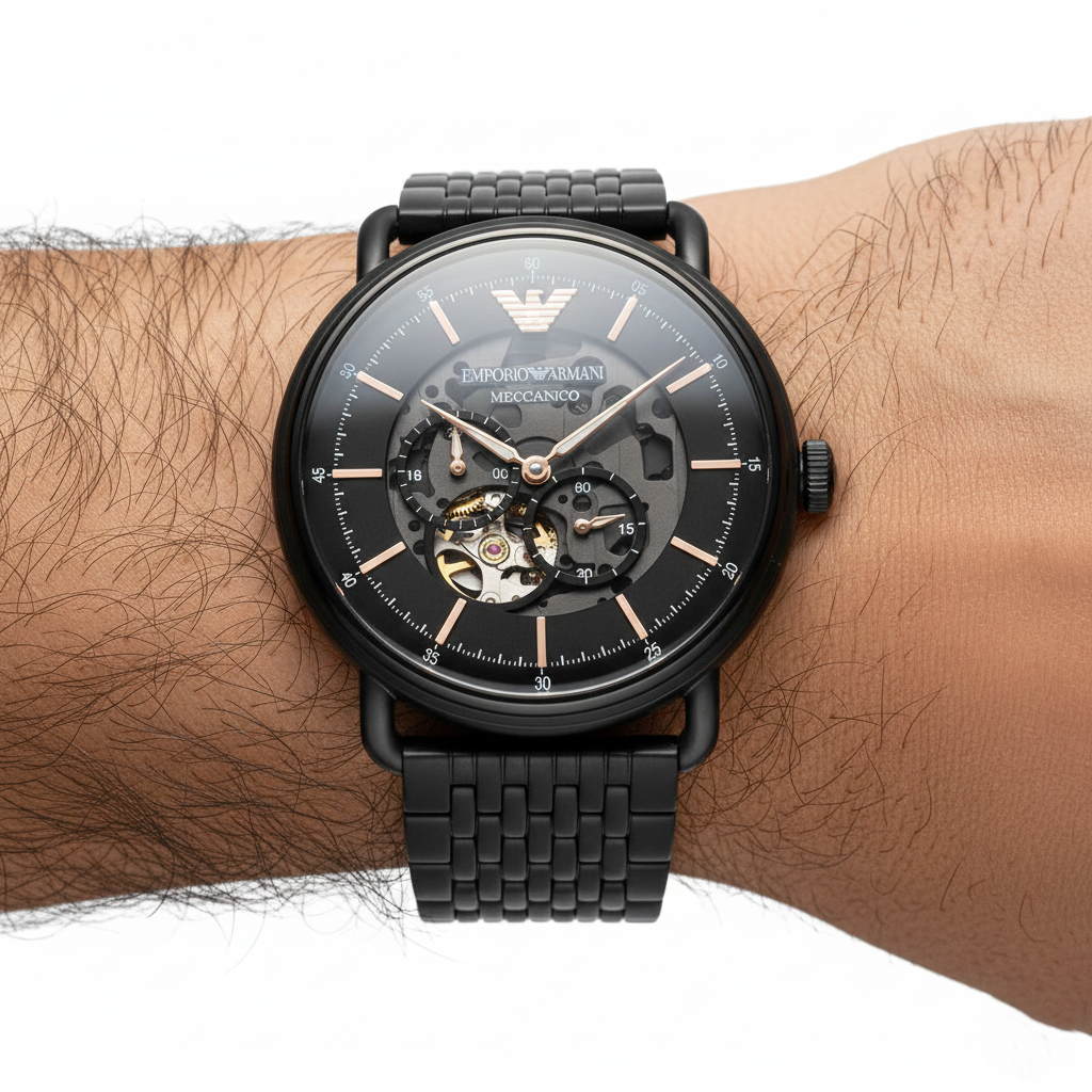 Emporio Armani Aviator AR60025 43mm Men's Automatic Watch – Black Open-Heart & Rose Gold Stainless Steel Mesh Bracelet