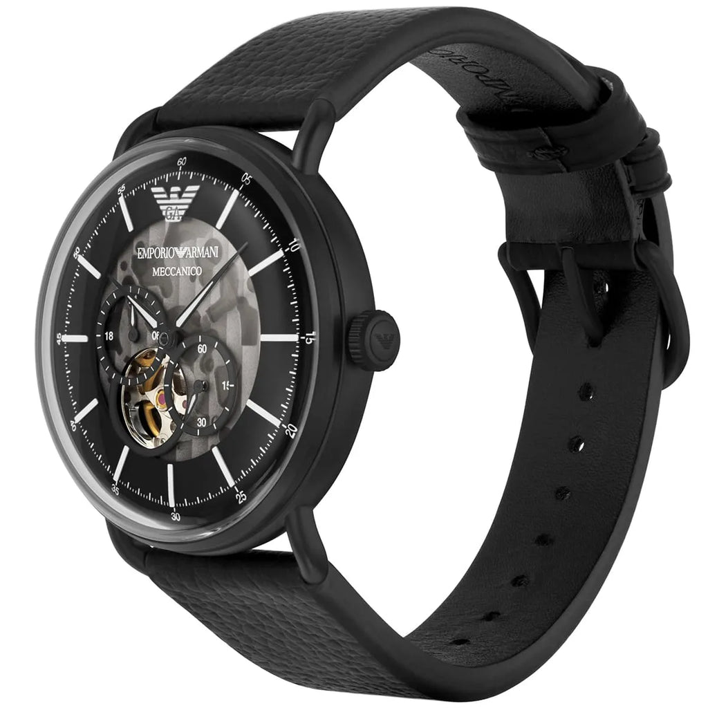 Emporio Armani Aviator AR60028 43mm Men's Automatic Watch – Black Open-Heart & Black Genuine Leather Strap