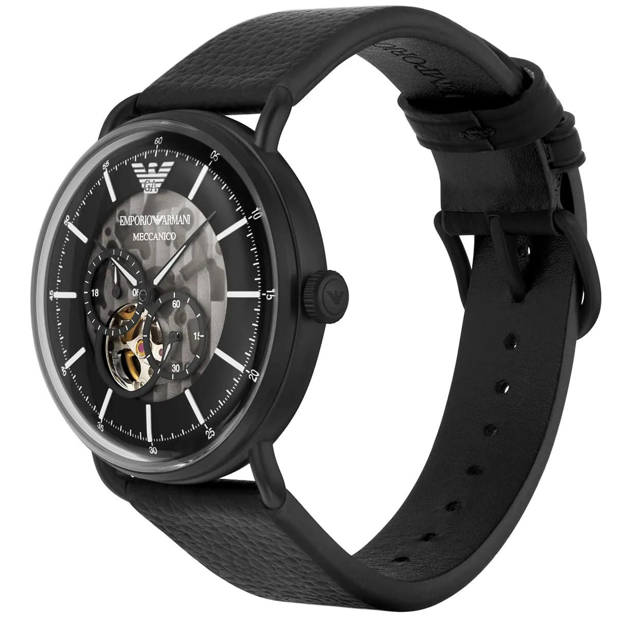 Emporio Armani Aviator AR60028 43mm Men's Automatic Watch – Black Open-Heart & Black Genuine Leather Strap