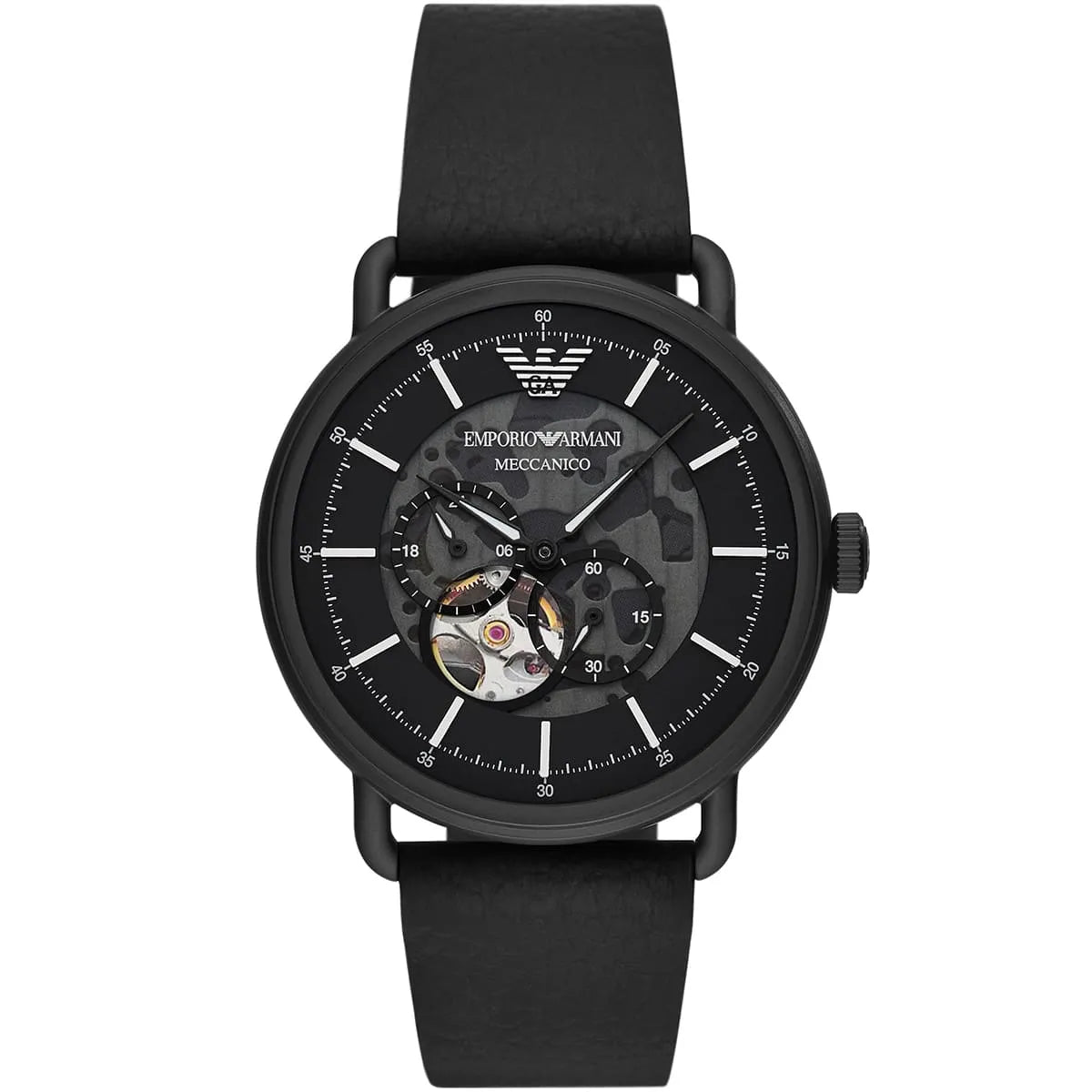 Emporio Armani Aviator AR60028 43mm Men's Automatic Watch – Black Open-Heart & Black Genuine Leather Strap