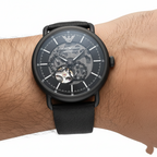 Emporio Armani Aviator AR60028 43mm Men's Automatic Watch – Black Open-Heart & Black Genuine Leather Strap