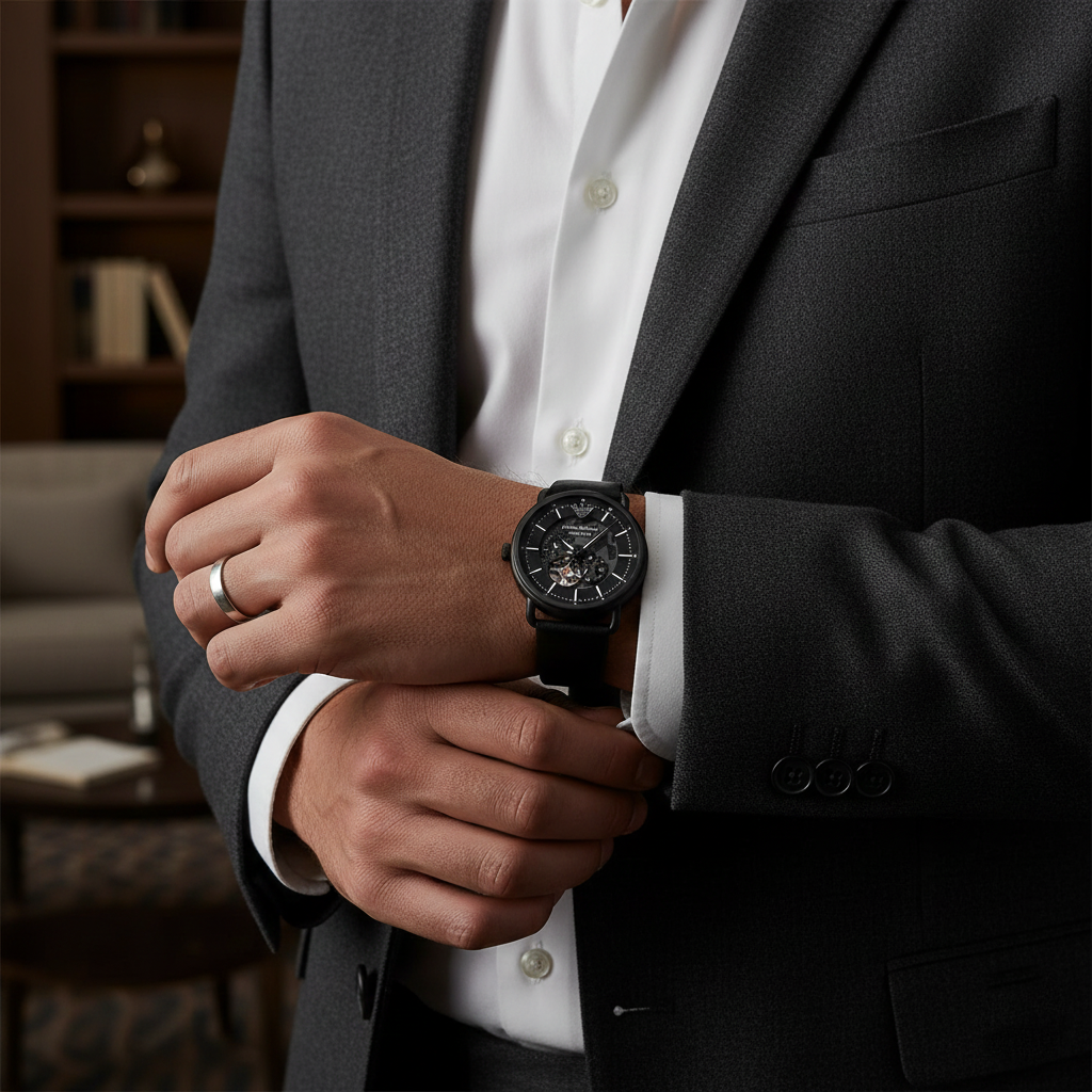 Emporio Armani Aviator AR60028 43mm Men's Automatic Watch – Black Open-Heart & Black Genuine Leather Strap