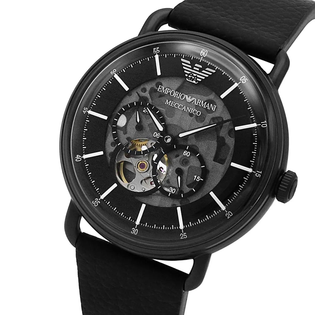Emporio Armani Aviator AR60028 43mm Men's Automatic Watch – Black Open-Heart & Black Genuine Leather Strap