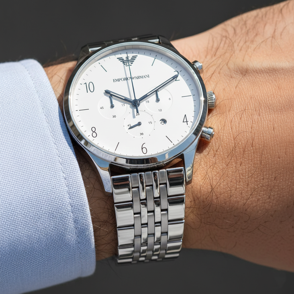 Emporio Armani Beta AR1879 43mm Men's Chronograph Watch – White & Silver-Tone Stainless Steel Bracelet