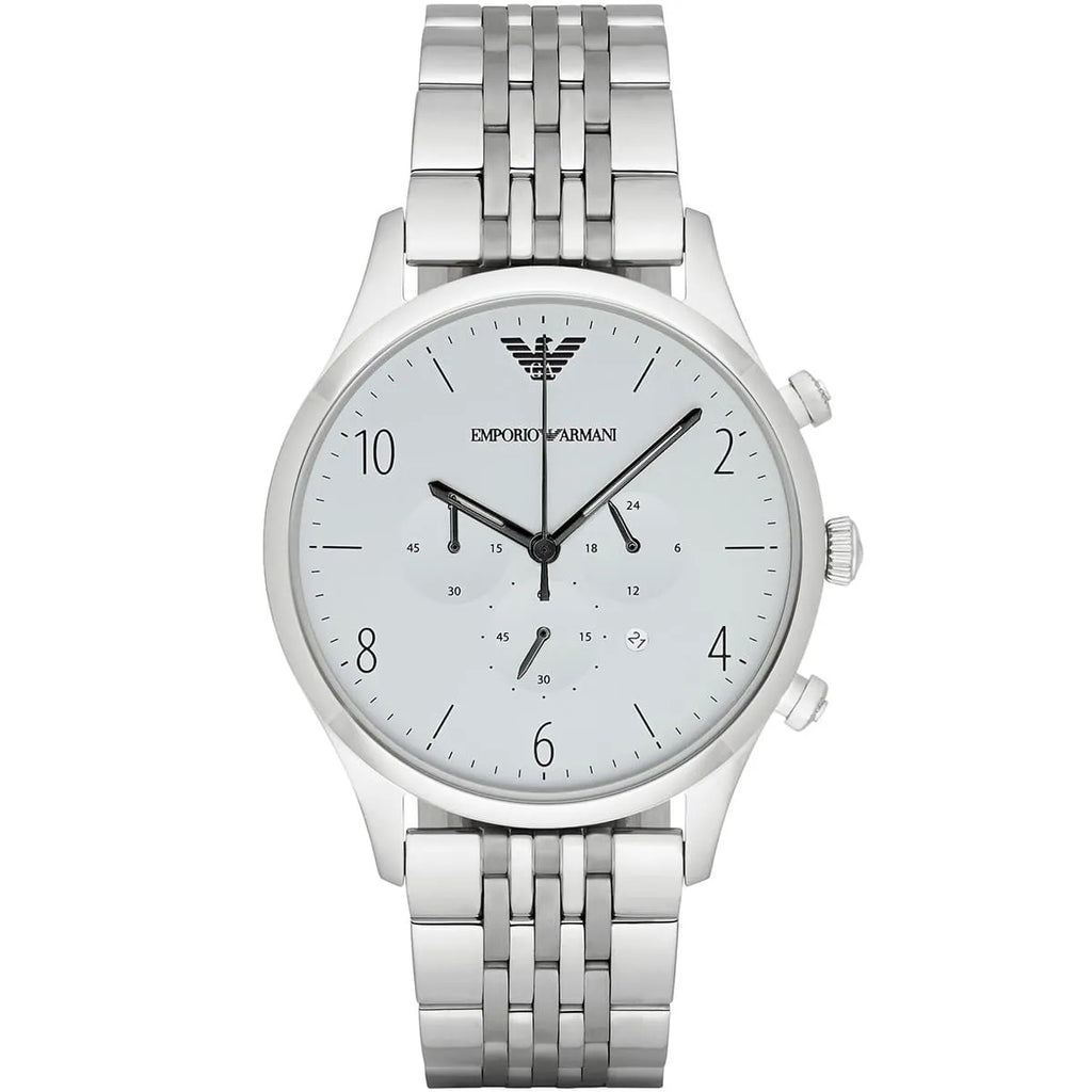 Emporio Armani Beta AR1879 43mm Men's Chronograph Watch – White & Silver-Tone Stainless Steel Bracelet