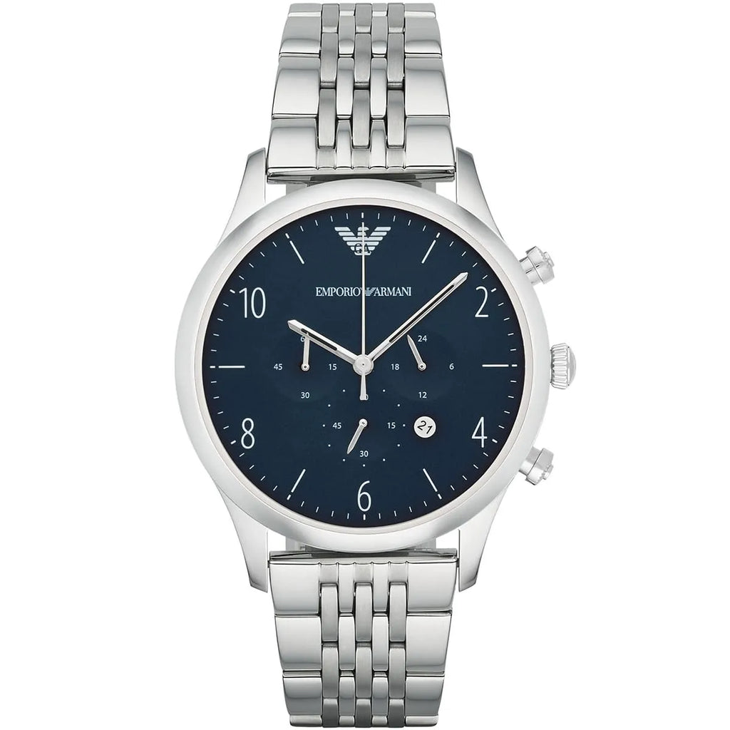 Emporio Armani Beta AR1942 43mm Men's Chronograph Watch – Navy Blue Sunray & Silver-Tone Stainless Steel Bracelet
