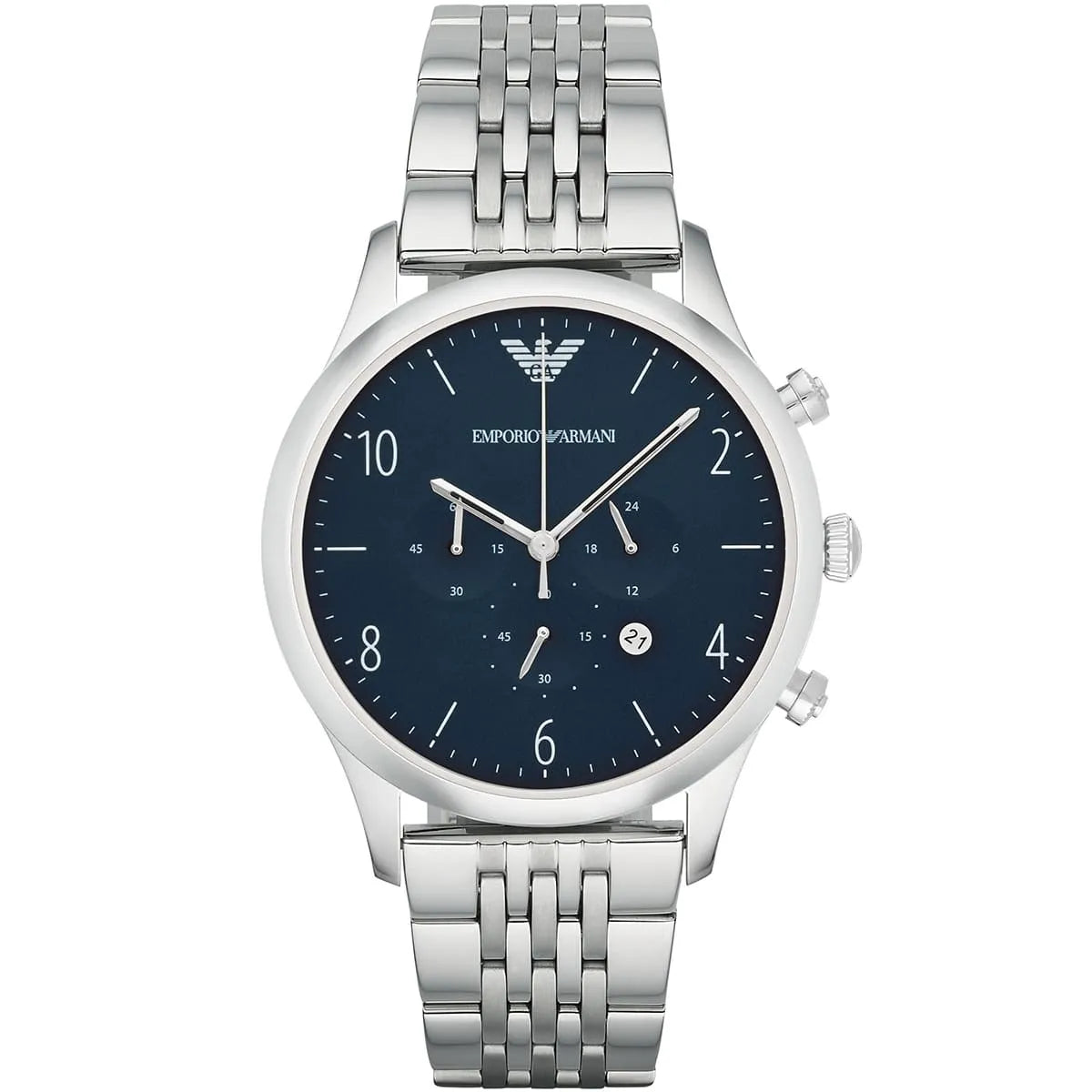 Emporio Armani Beta AR1942 43mm Men's Chronograph Watch – Navy Blue Sunray & Silver-Tone Stainless Steel Bracelet
