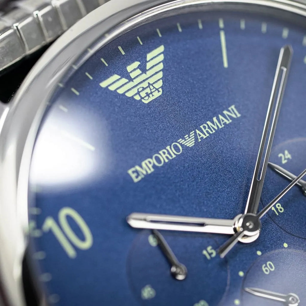 Emporio Armani Beta AR1942 43mm Men's Chronograph Watch – Navy Blue Sunray & Silver-Tone Stainless Steel Bracelet