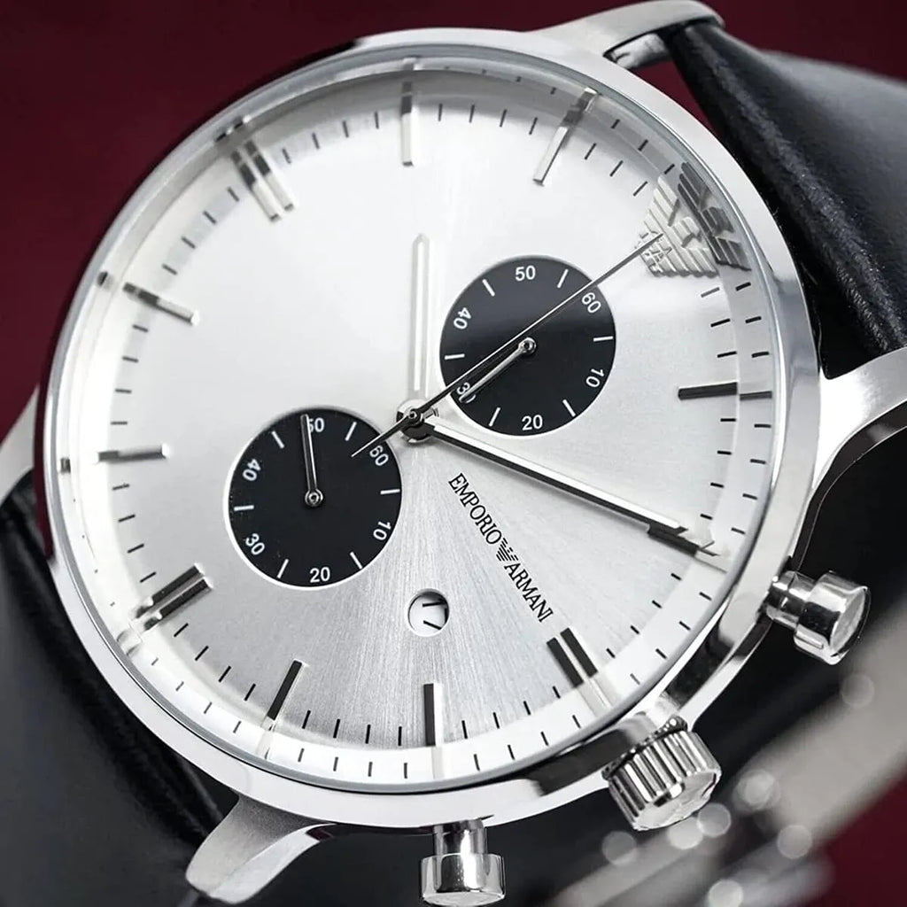 Emporio Armani Classic AR0385 43mm Men's Chronograph Watch – White & Black Genuine Leather Strap