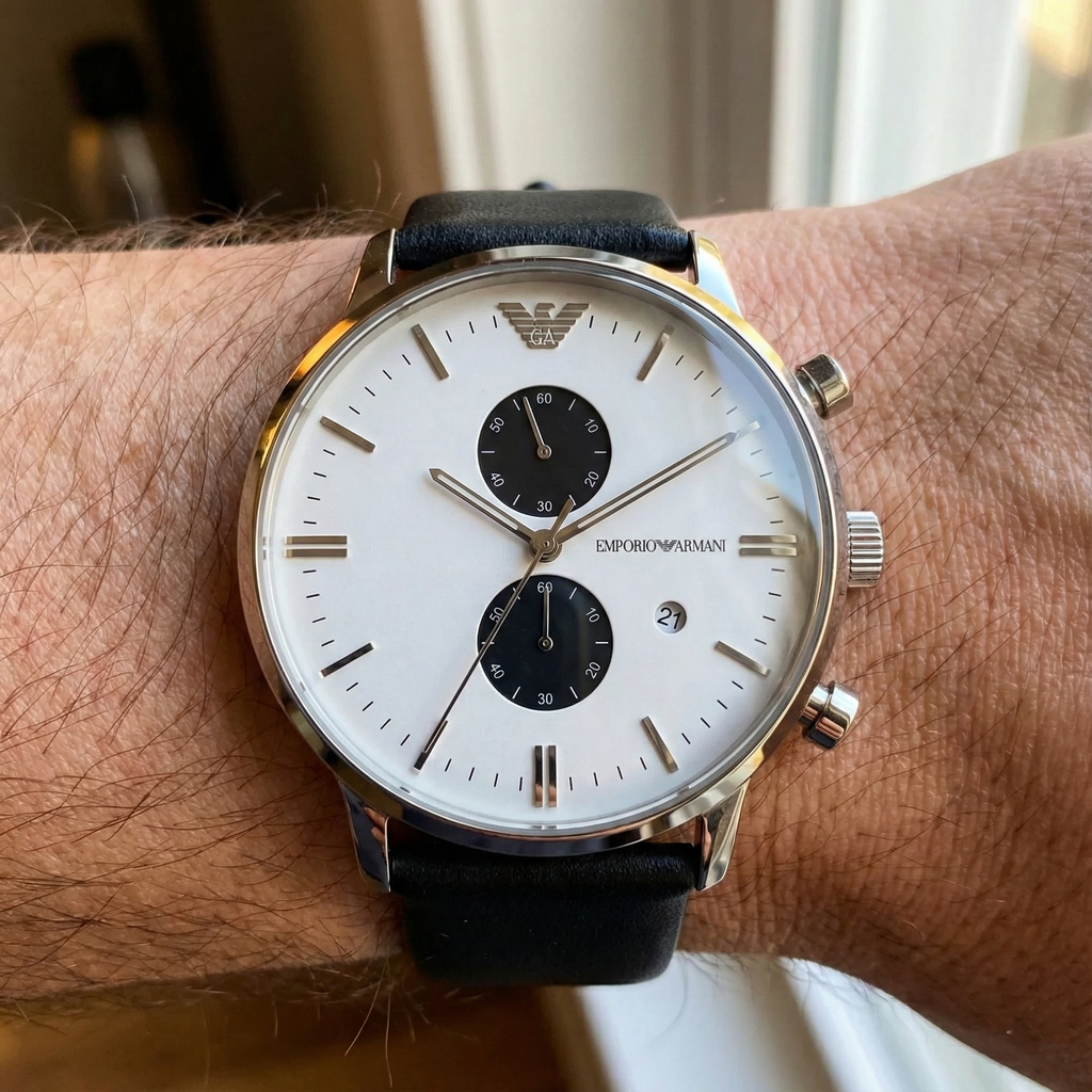 Emporio Armani Classic AR0385 43mm Men's Chronograph Watch – White & Black Genuine Leather Strap