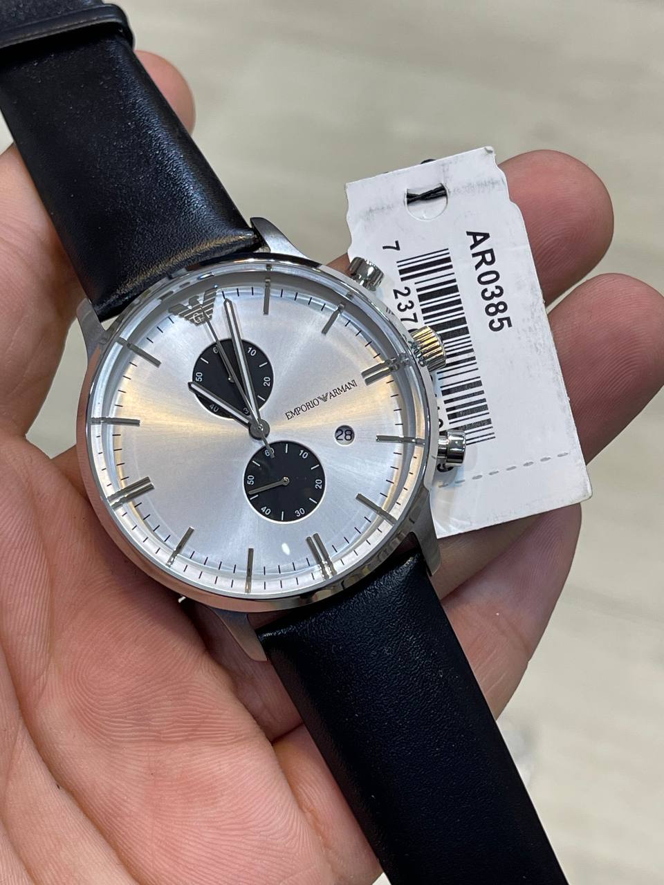 Emporio Armani Classic AR0385 43mm Men's Chronograph Watch – White & Black Genuine Leather Strap