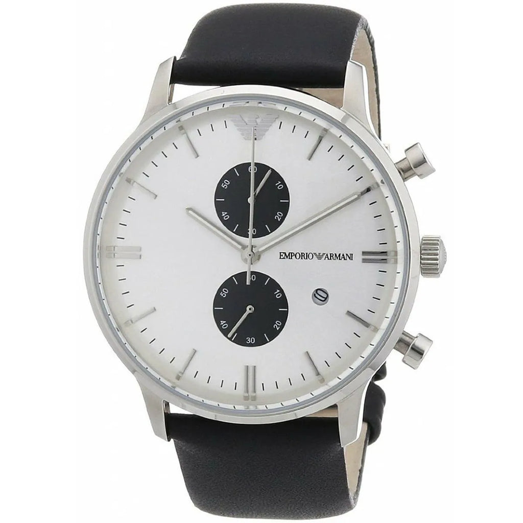 Emporio Armani Classic AR0385 43mm Men's Chronograph Watch – White & Black Genuine Leather Strap
