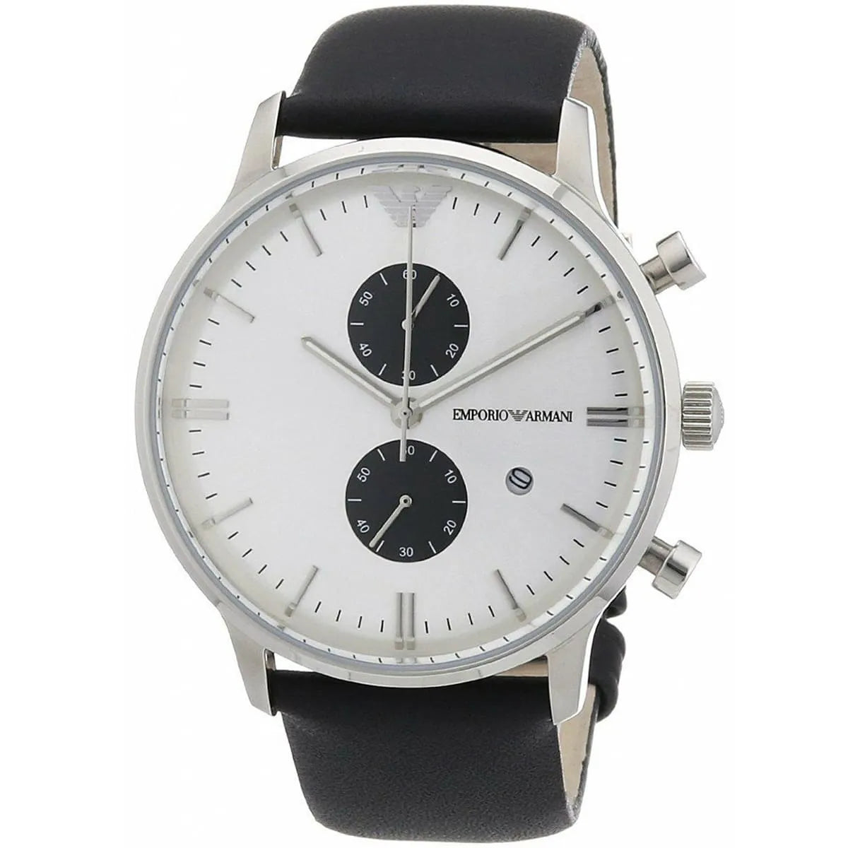 Emporio Armani Classic AR0385 43mm Men's Chronograph Watch – White & Black Genuine Leather Strap