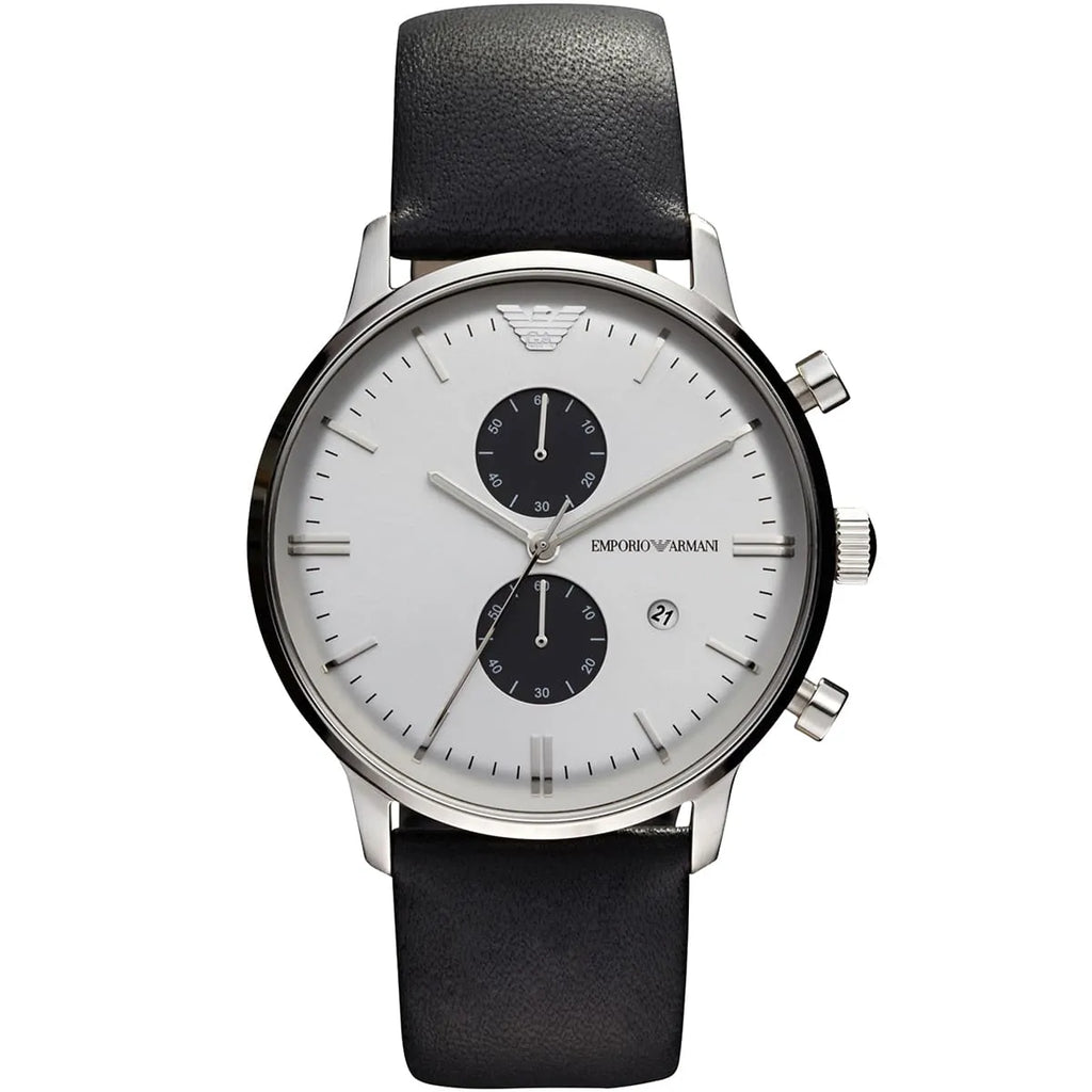 Emporio Armani Classic AR0385 43mm Men's Chronograph Watch – White & Black Genuine Leather Strap