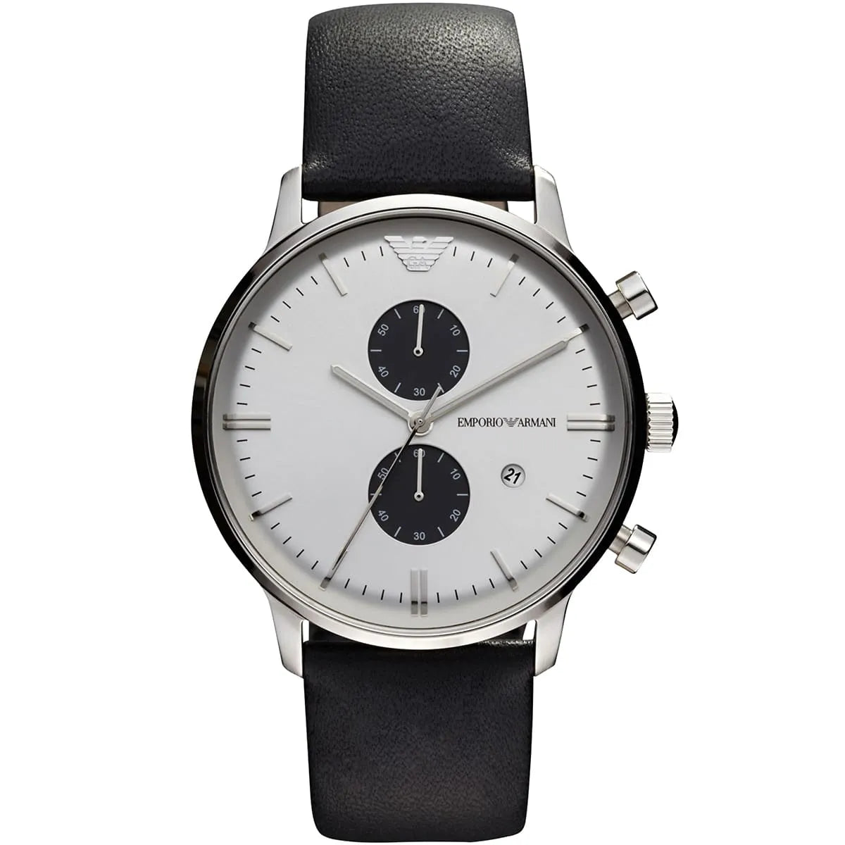 Emporio Armani Classic AR0385 43mm Men's Chronograph Watch – White & Black Genuine Leather Strap