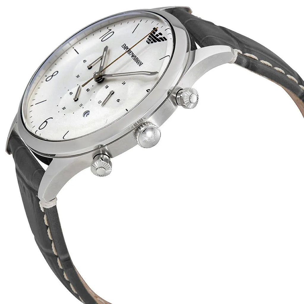 Emporio Armani Classic AR1861 43mm Men's Chronograph Watch – White & Black Genuine Leather Strap