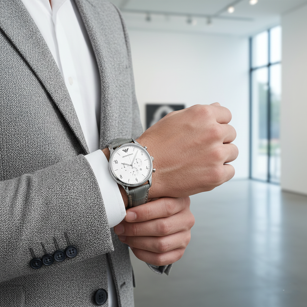Emporio Armani Classic AR1861 43mm Men's Chronograph Watch – White & Black Genuine Leather Strap