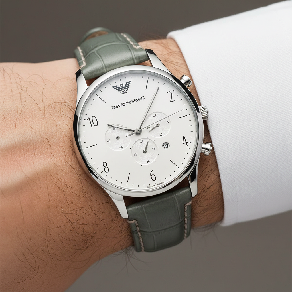 Emporio Armani Classic AR1861 43mm Men's Chronograph Watch – White & Black Genuine Leather Strap
