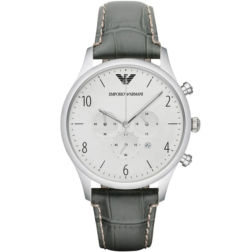 Emporio Armani Classic AR1861 43mm Men's Chronograph Watch – White & Black Genuine Leather Strap