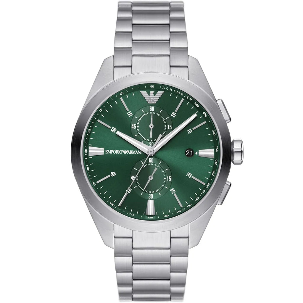 Emporio Armani Claudio AR11480 43mm Men's Chronograph Watch – Green Sunray & Silver Stainless Steel Bracelet
