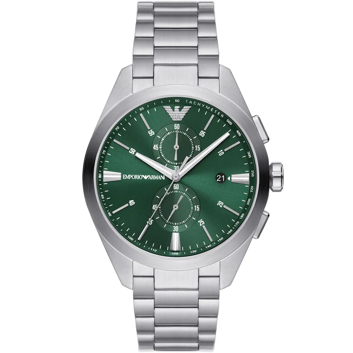 Emporio Armani Claudio AR11480 43mm Men's Chronograph Watch – Green Sunray & Silver Stainless Steel Bracelet