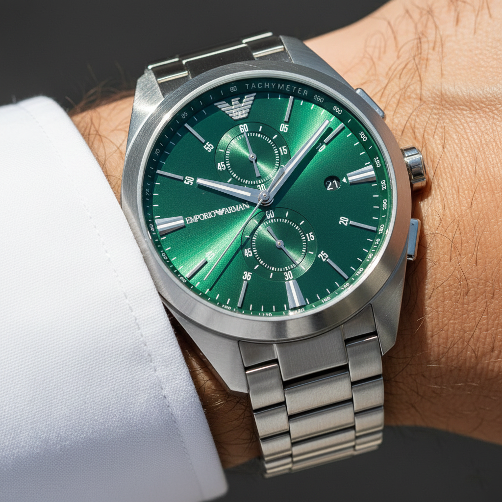 Emporio Armani Claudio AR11480 43mm Men's Chronograph Watch – Green Sunray & Silver Stainless Steel Bracelet