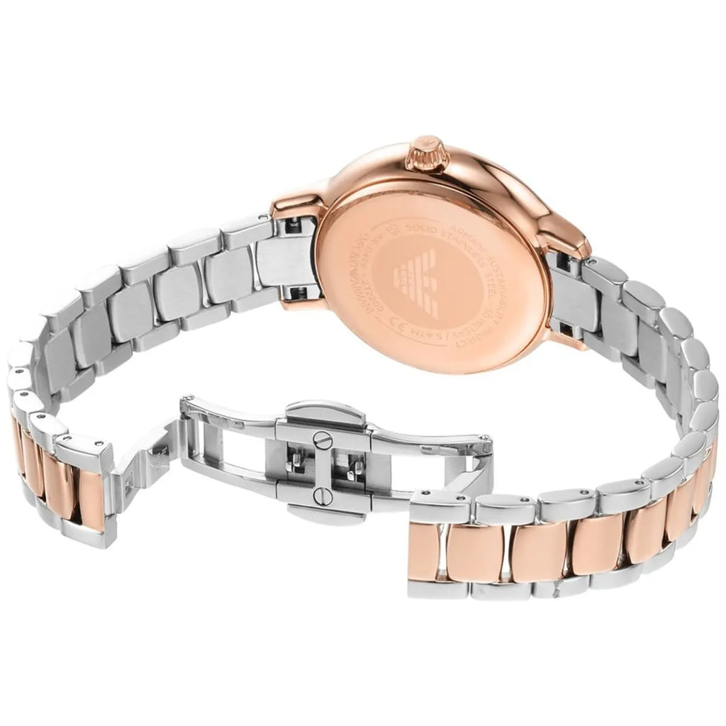 Emporio Armani Cleo AR11499 32mm Women's Quartz Watch – White Mother-of-Pearl Crystal-Set & Two-Tone Silver and Rose Gold Stainless Steel Bracelet