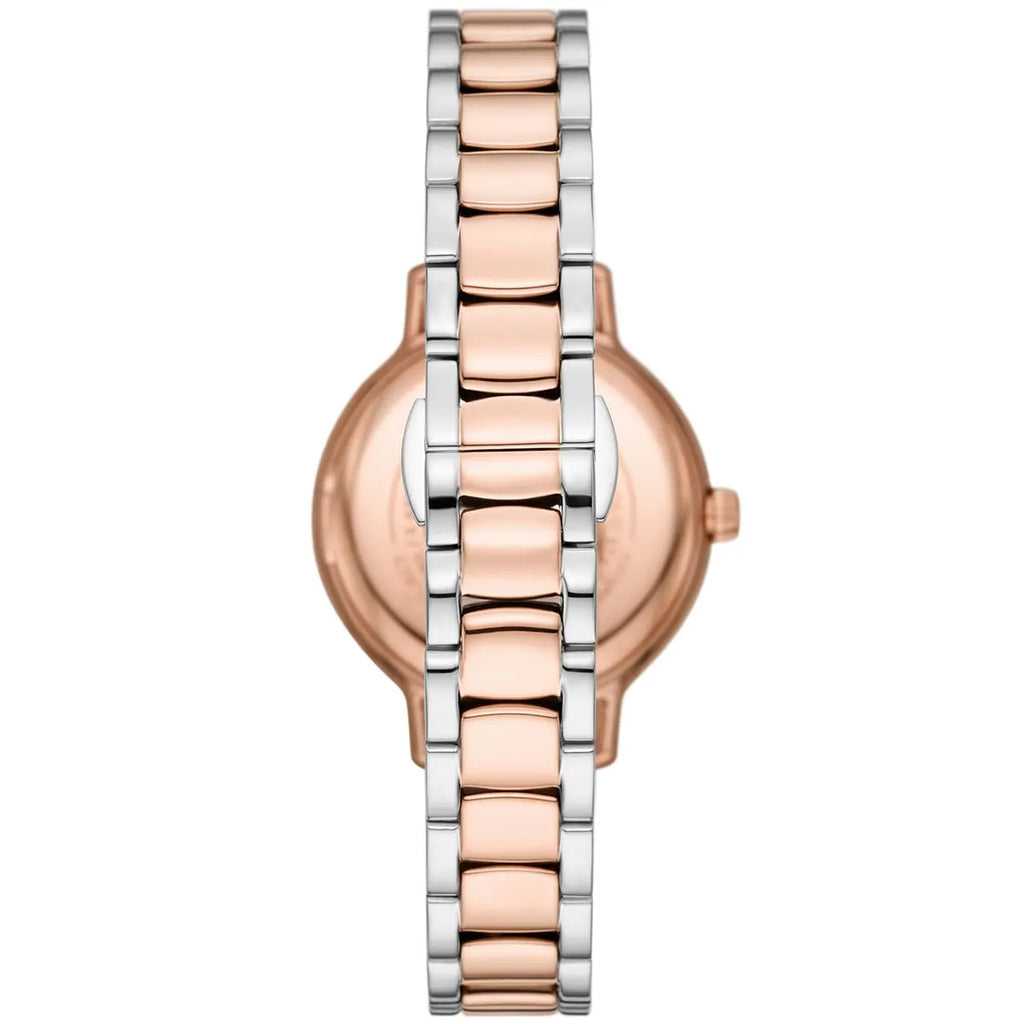 Emporio Armani Cleo AR11499 32mm Women's Quartz Watch – White Mother-of-Pearl Crystal-Set & Two-Tone Silver and Rose Gold Stainless Steel Bracelet