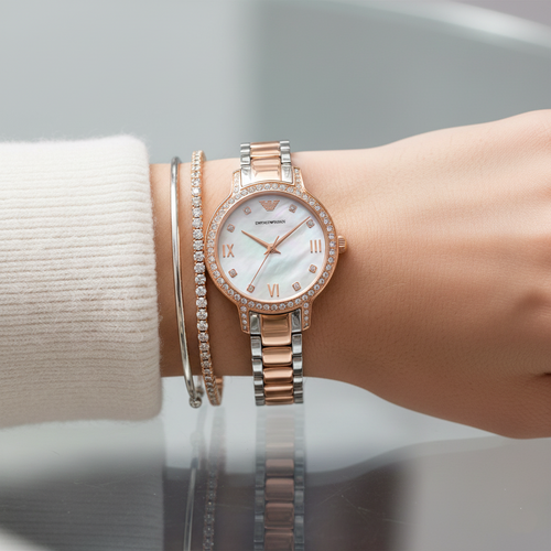 Emporio Armani Cleo AR11499 32mm Women's Quartz Watch – White Mother-of-Pearl Crystal-Set & Two-Tone Silver and Rose Gold Stainless Steel Bracelet