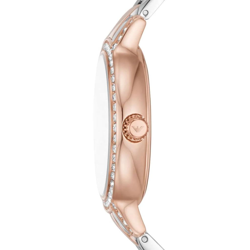 Emporio Armani Cleo AR11499 32mm Women's Quartz Watch – White Mother-of-Pearl Crystal-Set & Two-Tone Silver and Rose Gold Stainless Steel Bracelet