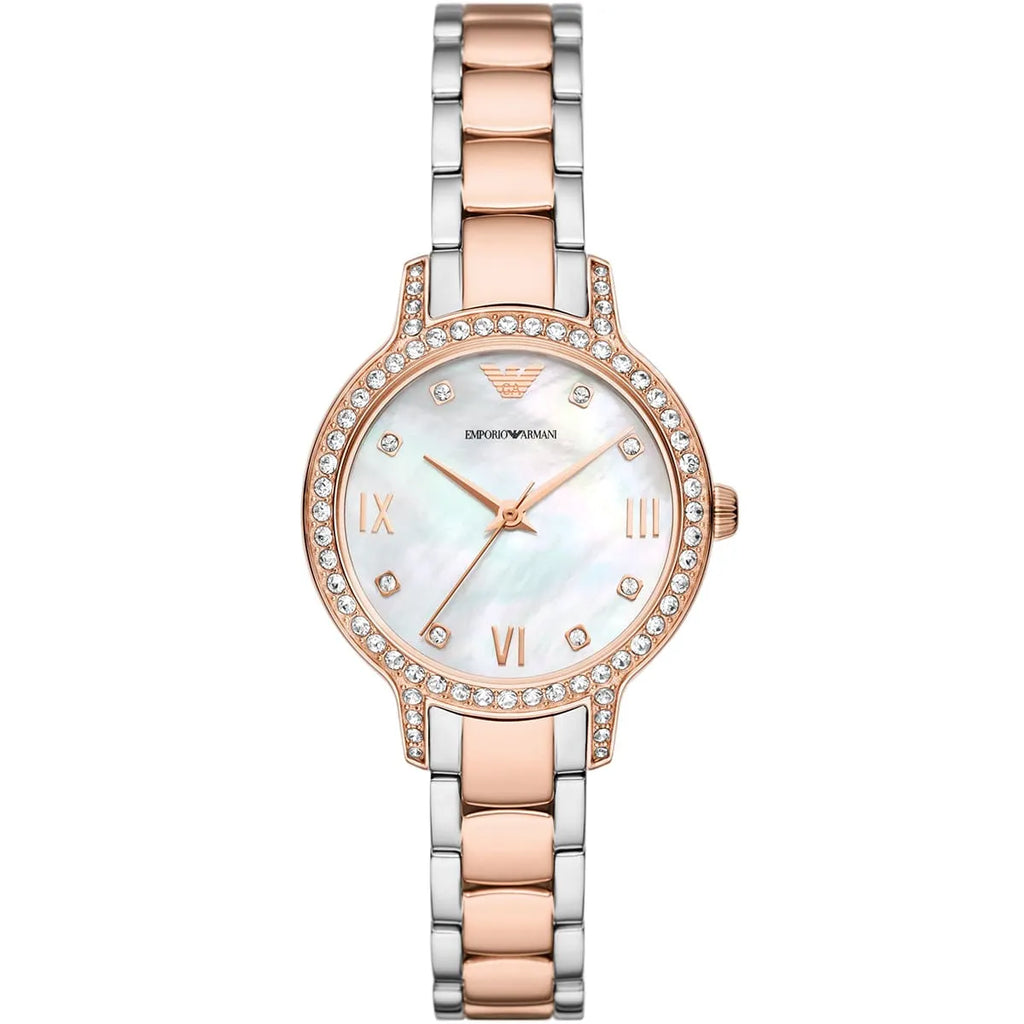 Emporio Armani Cleo AR11499 32mm Women's Quartz Watch – White Mother-of-Pearl Crystal-Set & Two-Tone Silver and Rose Gold Stainless Steel Bracelet