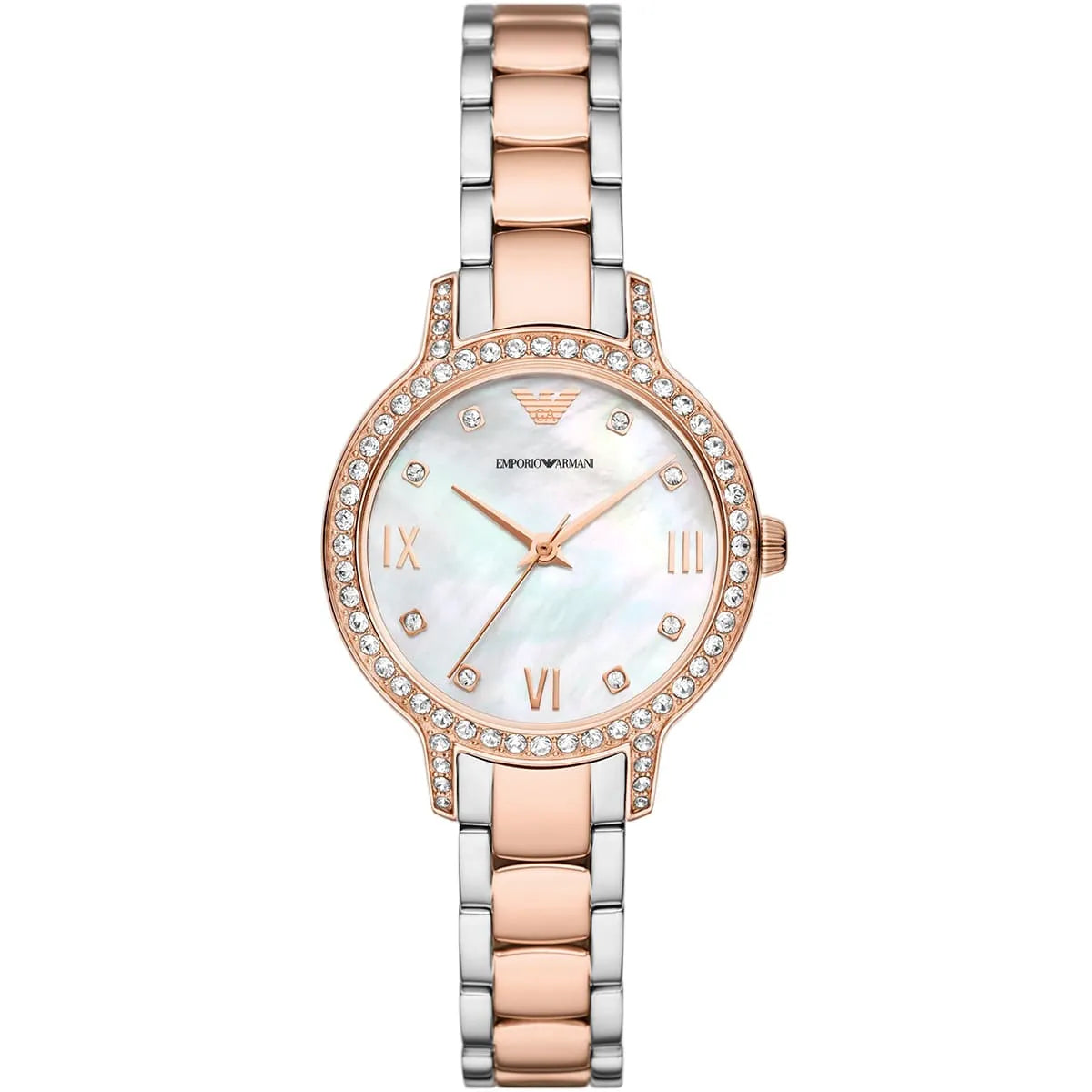Emporio Armani Cleo AR11499 32mm Women's Quartz Watch – White Mother-of-Pearl Crystal-Set & Two-Tone Silver and Rose Gold Stainless Steel Bracelet