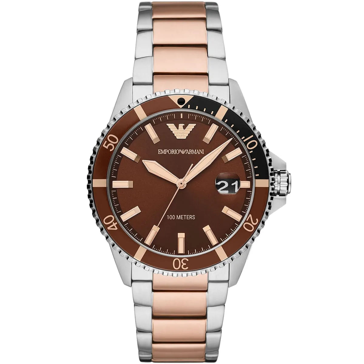 Emporio Armani Diver AR11340 Men's Chronograph Watch – Chocolate Brown Sunray & Rose Gold Stainless Steel Bracelet