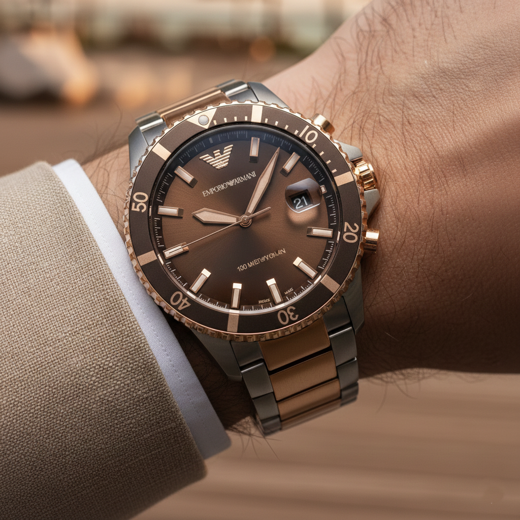 Emporio Armani Diver AR11340 Men's Chronograph Watch – Chocolate Brown Sunray & Rose Gold Stainless Steel Bracelet