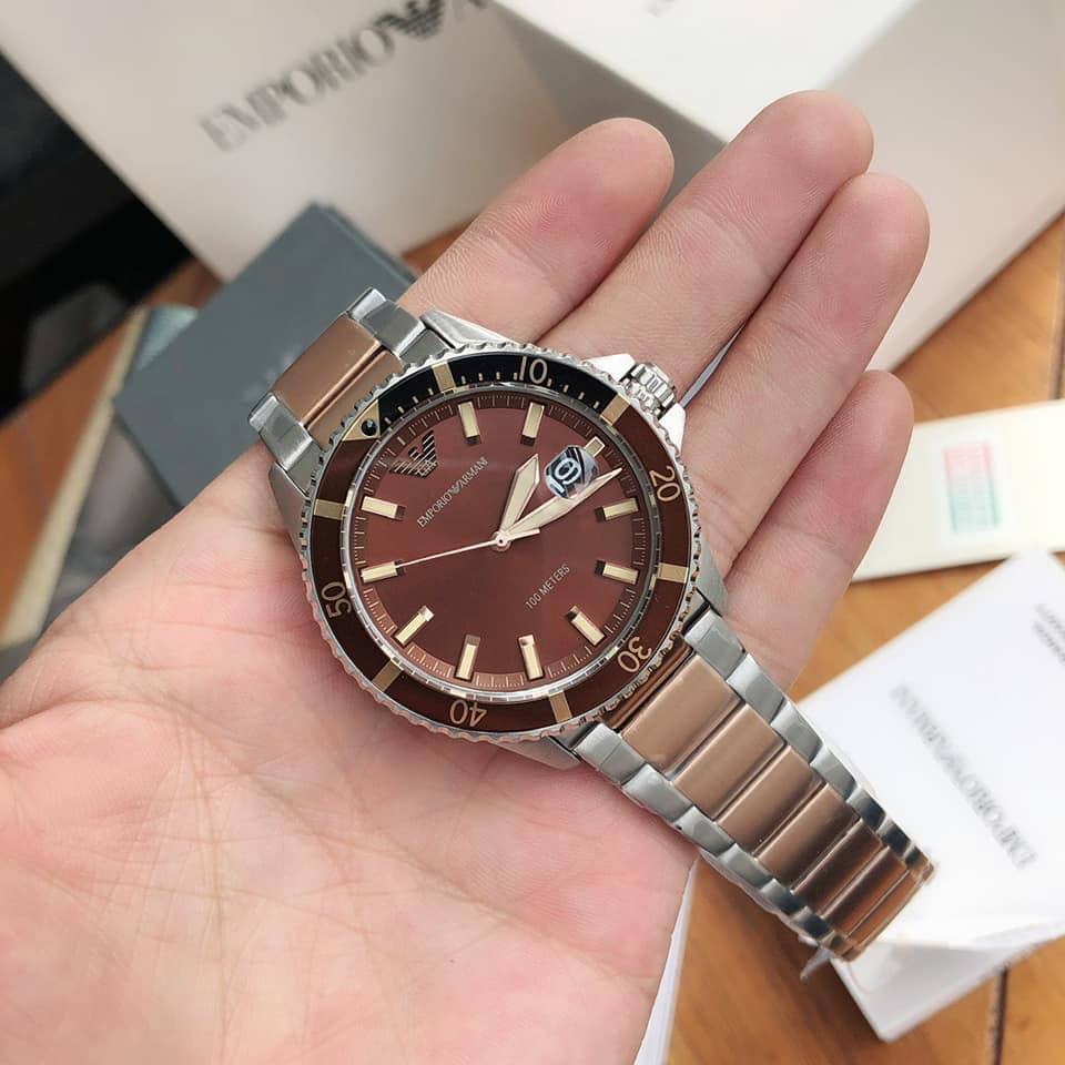 Emporio Armani Diver AR11340 Men's Chronograph Watch – Chocolate Brown Sunray & Rose Gold Stainless Steel Bracelet