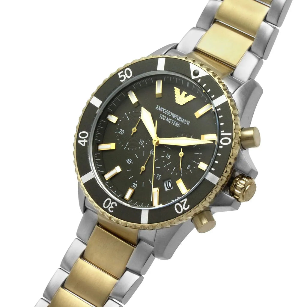 Emporio Armani Diver AR11361 43mm Men's Chronograph Watch – Two-Tone Sunray & Two-Tone Rubber Strap