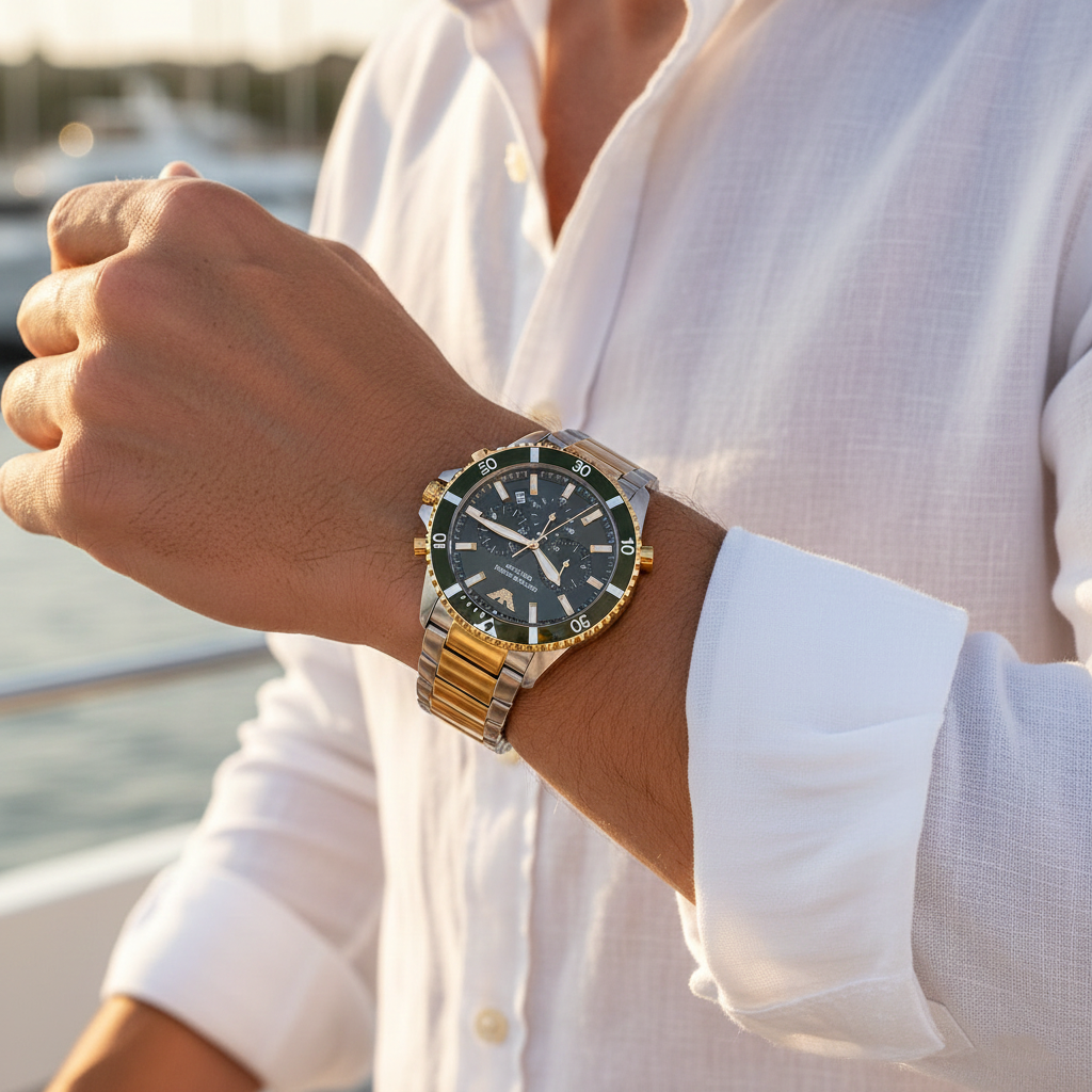 Emporio Armani Diver AR11361 43mm Men's Chronograph Watch – Two-Tone Sunray & Two-Tone Rubber Strap
