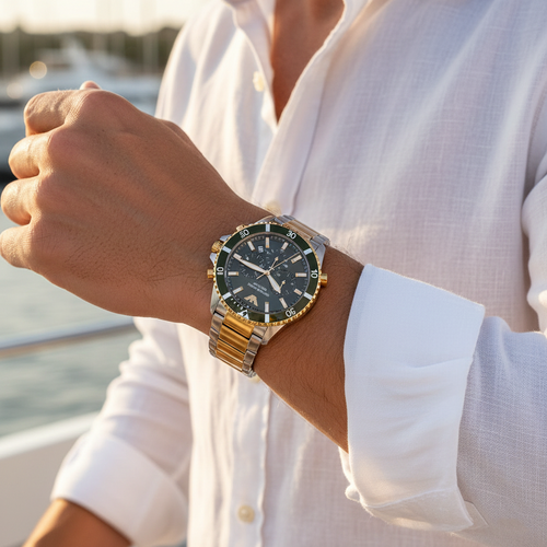 Emporio Armani Diver AR11361 43mm Men's Chronograph Watch – Two-Tone Sunray & Two-Tone Rubber Strap