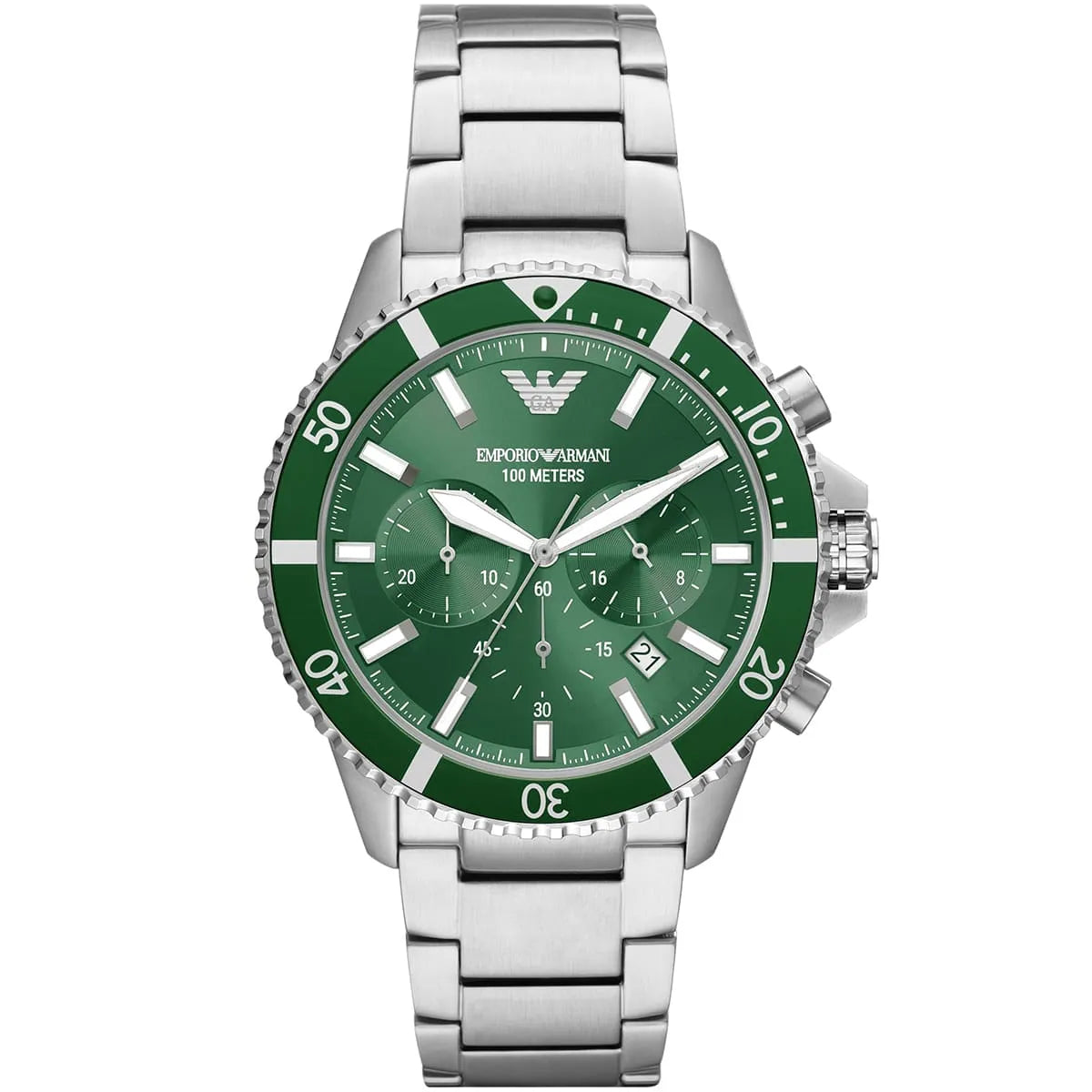 Emporio Armani Diver AR11500 Men's Chronograph Watch – Green Sunray & Green Stainless Steel Bracelet