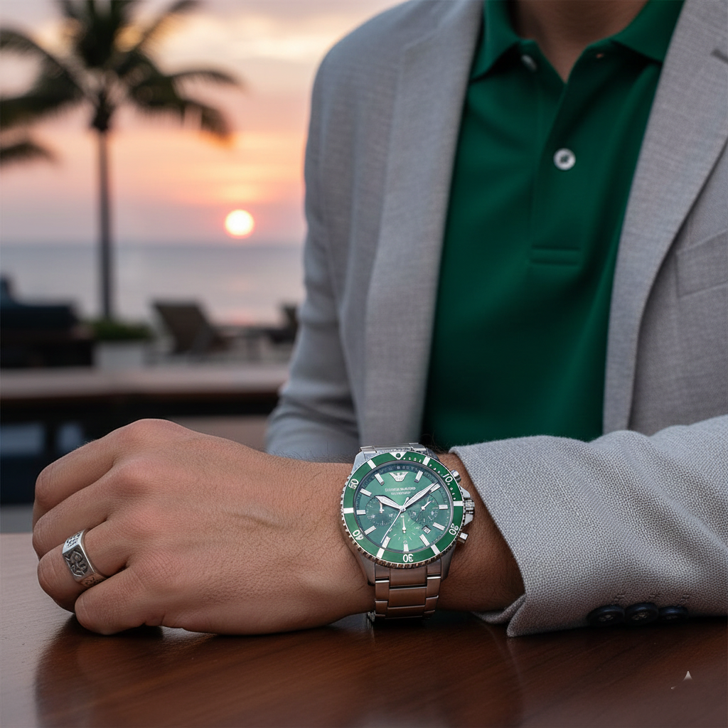 Emporio Armani Diver AR11500 Men's Chronograph Watch – Green Sunray & Green Stainless Steel Bracelet